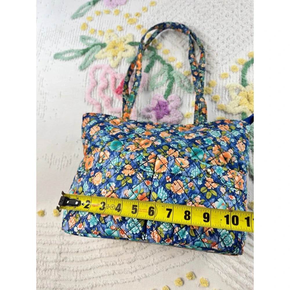 Blue Floral Quilted Cotton Tote Bag Zippered Shoulder Bag with Pockets